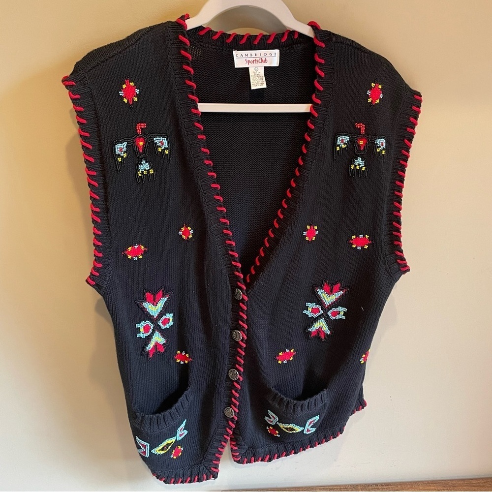 Vintage Cambridge Sports Club Western Beaded Sweater Knit Vest Sz Large Black